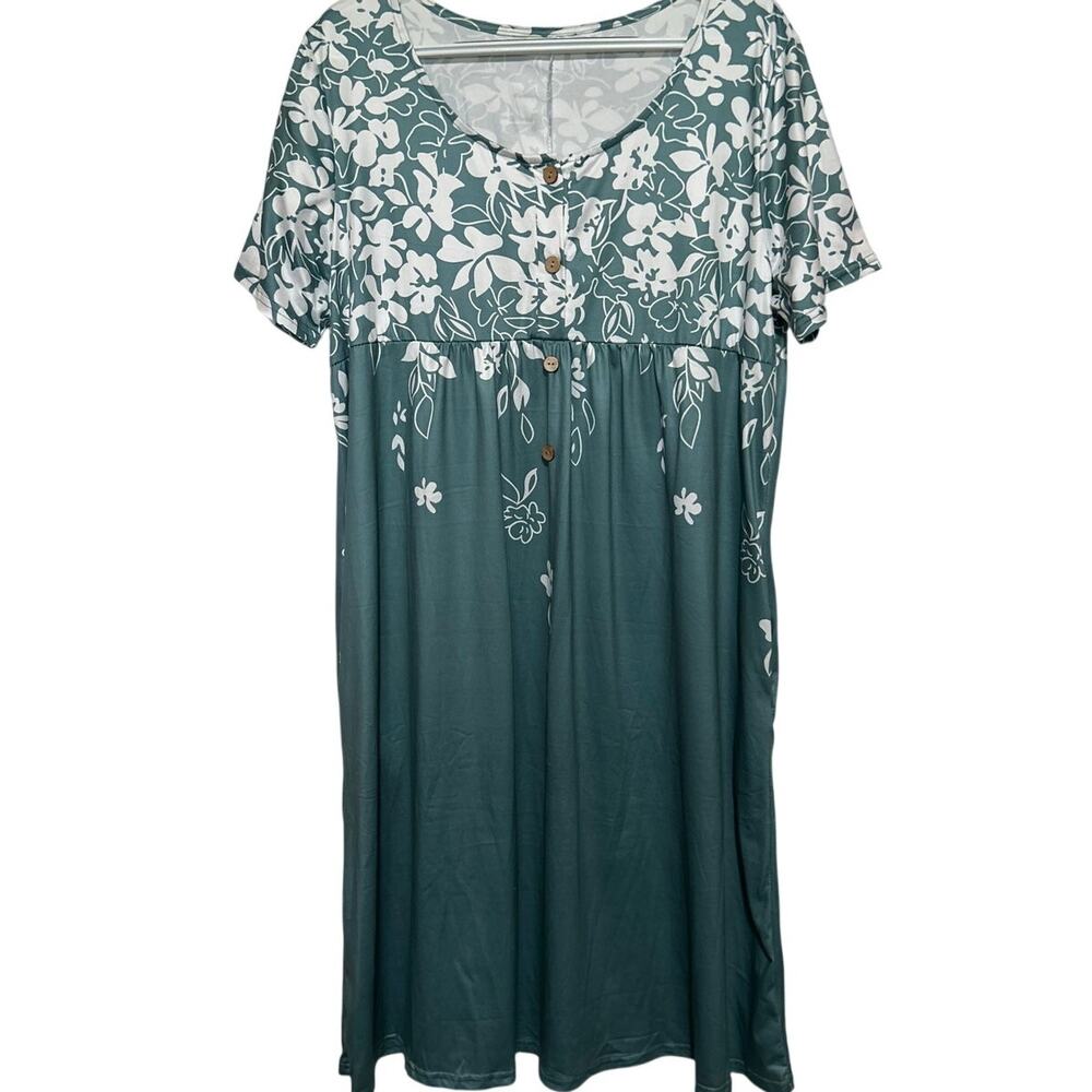 Women's Green White Floral Scoop Neck Short Sleeve Quarter Button Dress Size 1XL